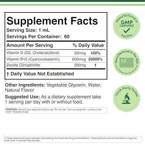 Double Wood Supplements Flüssiges Zeolith Detox – 200 mg Zeolith Klinoptilolith, mit 600 µg Vitamin B12 und 20 µg Vitamin D – 60 ml (2 Fl Oz)