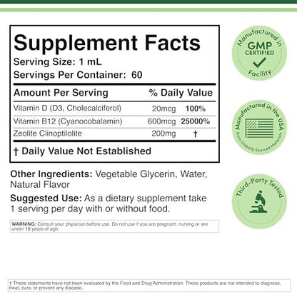 Double Wood Supplements Flüssiges Zeolith Detox – 200 mg Zeolith Klinoptilolith, mit 600 µg Vitamin B12 und 20 µg Vitamin D – 60 ml (2 Fl Oz)