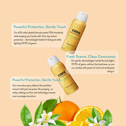 EMU (EVERYONE MUST USE) Handdesinfektionsmittel Pocket Spray, Reisegröße 2,2 oz, 3er-Pack Orange