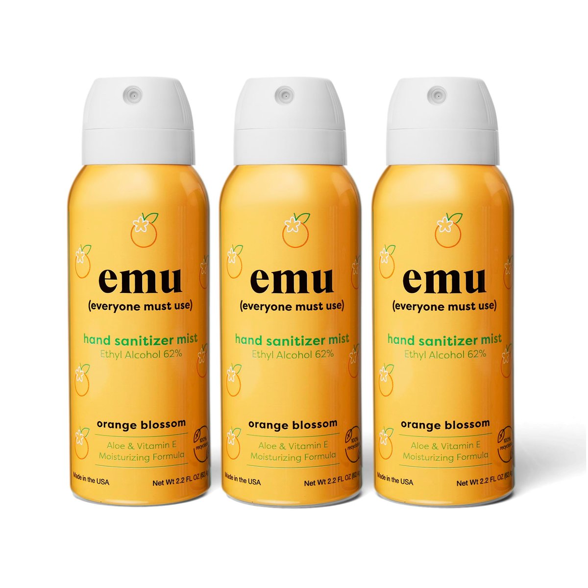 EMU (EVERYONE MUST USE) Handdesinfektionsmittel Pocket Spray, Reisegröße 2,2 oz, 3er-Pack Orange