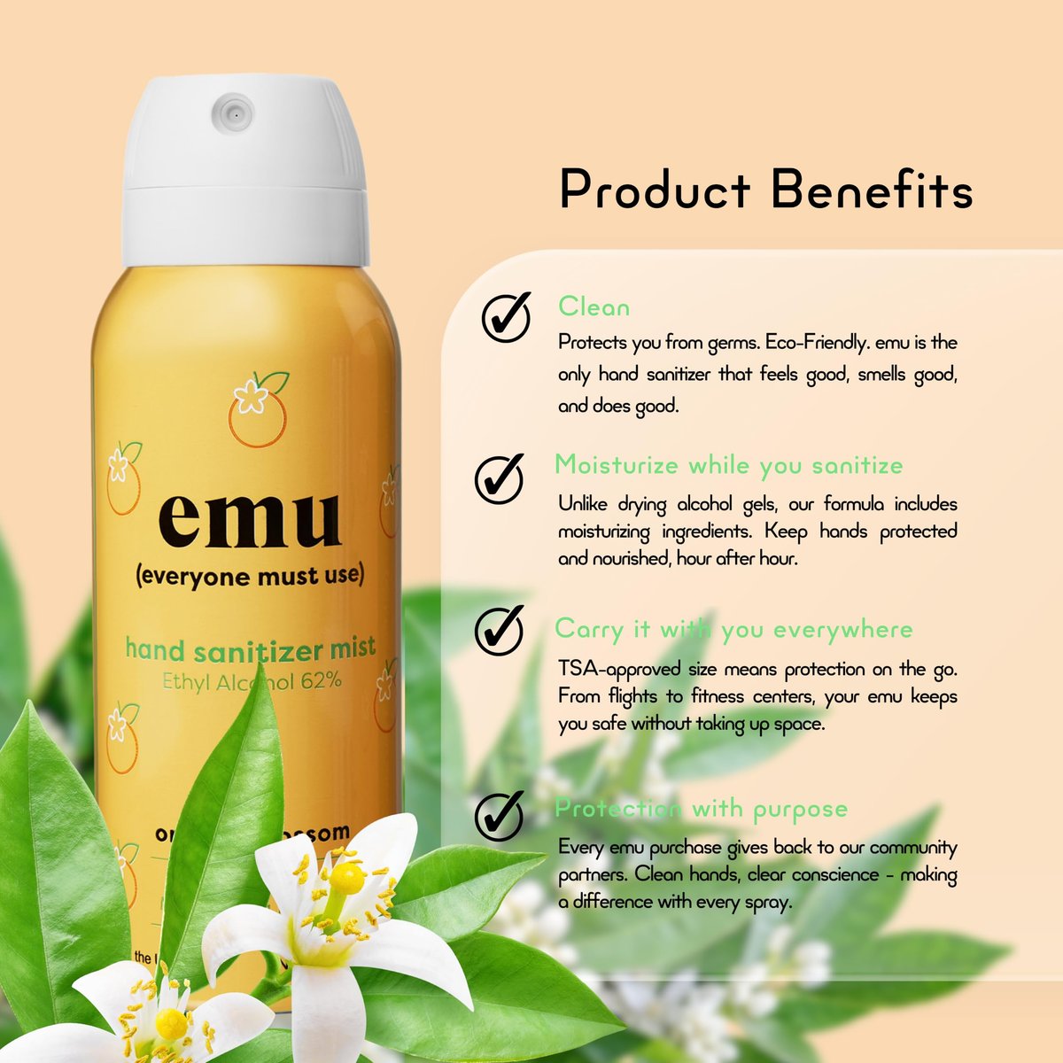 EMU (EVERYONE MUST USE) Handdesinfektionsmittel Pocket Spray, Reisegröße 2,2 oz, 3er-Pack Orange