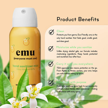 EMU (EVERYONE MUST USE) Handdesinfektionsmittel Pocket Spray, Reisegröße 2,2 oz, 3er-Pack Orange