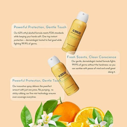 EMU (EVERYONE MUST USE) Handdesinfektionsmittel Pocket Spray, Reisegröße 2,2 oz, 3er-Pack Orange