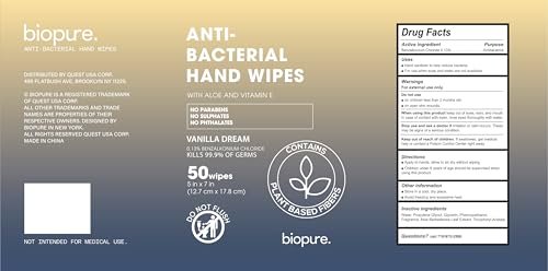 BIOPURE Antibakterielle Handtücher Vanilla Dream Duft | Antibakterielle Tücher mit Aloe und Vitamin E | 5x7 Zoll Feuchttücher-Spender | Ohne Parabene, Sulfate oder Phthalate, tötet 99% der Keime, 50 Stück