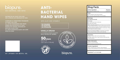 BIOPURE Antibakterielle Handtücher Vanilla Dream Duft | Antibakterielle Tücher mit Aloe und Vitamin E | 5x7 Zoll Feuchttücher-Spender | Ohne Parabene, Sulfate oder Phthalate, tötet 99% der Keime, 50 Stück