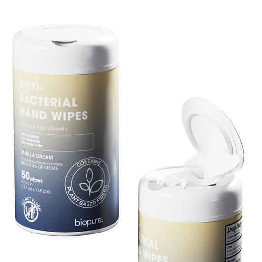 BIOPURE Antibakterielle Handtücher Vanilla Dream Duft | Antibakterielle Tücher mit Aloe und Vitamin E | 5x7 Zoll Feuchttücher-Spender | Ohne Parabene, Sulfate oder Phthalate, tötet 99% der Keime, 50 Stück