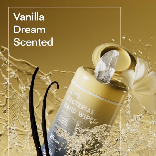 BIOPURE Antibakterielle Handtücher Vanilla Dream Duft | Antibakterielle Tücher mit Aloe und Vitamin E | 5x7 Zoll Feuchttücher-Spender | Ohne Parabene, Sulfate oder Phthalate, tötet 99% der Keime, 50 Stück