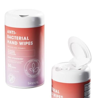 BIOPURE Antibakterielle Feuchttücher Erdbeerduft | Desinfektionstücher mit Aloe und Vitamin E | 5"x7" Feuchttücher im Spender | Ohne Parabene, Sulfate oder Phthalate, Tötet 99% der Keime, 50 Stück