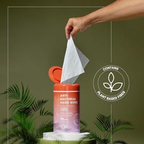 BIOPURE Antibakterielle Feuchttücher Erdbeerduft | Desinfektionstücher mit Aloe und Vitamin E | 5"x7" Feuchttücher im Spender | Ohne Parabene, Sulfate oder Phthalate, Tötet 99% der Keime, 50 Stück