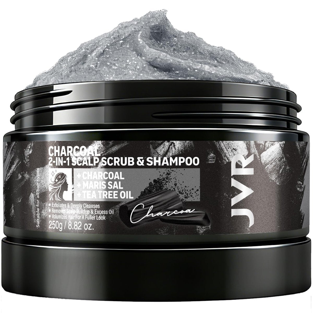 JVR Scalp Scrub Shampoo mit Aktivkohle – 2-in-1 Kopfhautpeeling zur Klärung von Ablagerungen, reinigender & klärender Cleanser für Glanz & Feuchtigkeit – Meersalz, Teebaumöl, vegan & tierversuchsfrei für trockene oder fettige Kopfhaut 250 ml