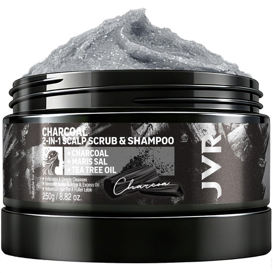 JVR Scalp Scrub Shampoo mit Aktivkohle – 2-in-1 Kopfhautpeeling zur Klärung von Ablagerungen, reinigender & klärender Cleanser für Glanz & Feuchtigkeit – Meersalz, Teebaumöl, vegan & tierversuchsfrei für trockene oder fettige Kopfhaut 250 ml