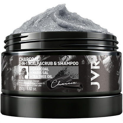 JVR Scalp Scrub Shampoo mit Aktivkohle – 2-in-1 Kopfhautpeeling zur Klärung von Ablagerungen, reinigender & klärender Cleanser für Glanz & Feuchtigkeit – Meersalz, Teebaumöl, vegan & tierversuchsfrei für trockene oder fettige Kopfhaut 250 ml
