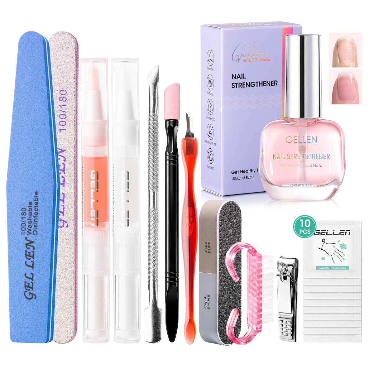 GELLEN Nagelpflegeset – Nagelhärter, Nagelfeile, Buffer, Nagelhautschieber, Nagelöl, Nagelhautentferner, Nagelknipser, Bürste – Komplettset für starke und schöne Nägel