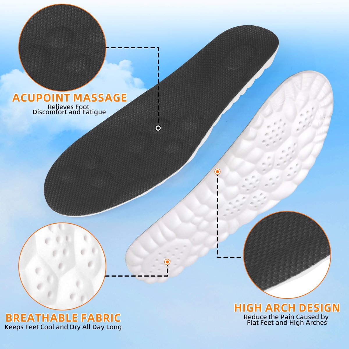 4D Memory Foam Einlegesohlen mit Fußgewölbeunterstützung für Damen und Herren – Bequeme & Atmungsaktive Massage Schuheinlagen gegen Fußschmerzen & Ermüdung (Schwarz, US Herren 14-15)