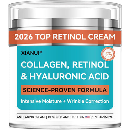 XIANUI Retinol-Gesichtscreme mit Kollagen & Hyaluronsäure - Anti-Aging & festigende Feuchtigkeitscreme für Frauen & Männer - Reduziert Falten, Nacht- & Tagescreme, 50 ml