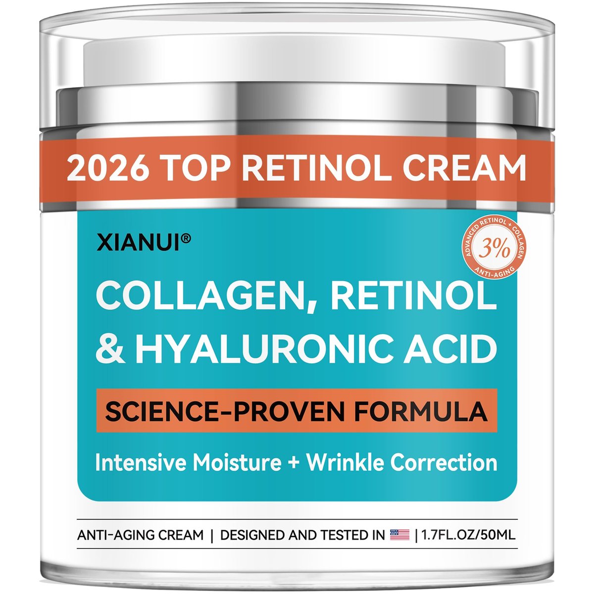 XIANUI Retinol-Gesichtscreme mit Kollagen & Hyaluronsäure - Anti-Aging & festigende Feuchtigkeitscreme für Frauen & Männer - Reduziert Falten, Nacht- & Tagescreme, 50 ml