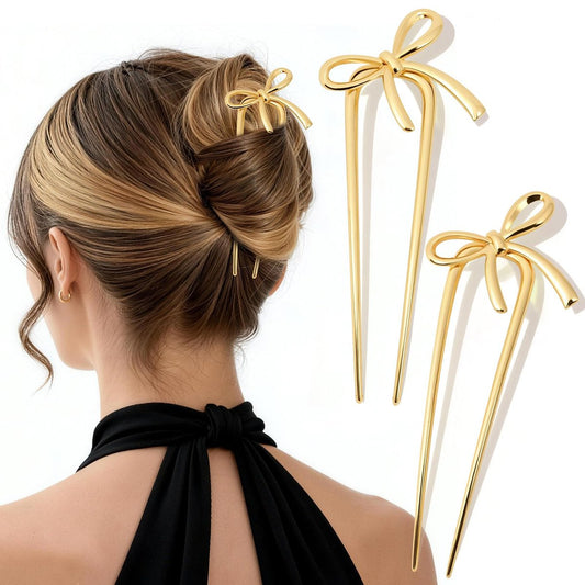 2er-Pack Goldene Haarspangen aus Metall für Frauen – Elegante U-förmige Haarnadeln mit Schleifendesign, Französische Twist-Haarpins für Dutt und Hochsteckfrisuren, 14 cm, sicherer Halt, Styling-Accessoires, Geschenkidee