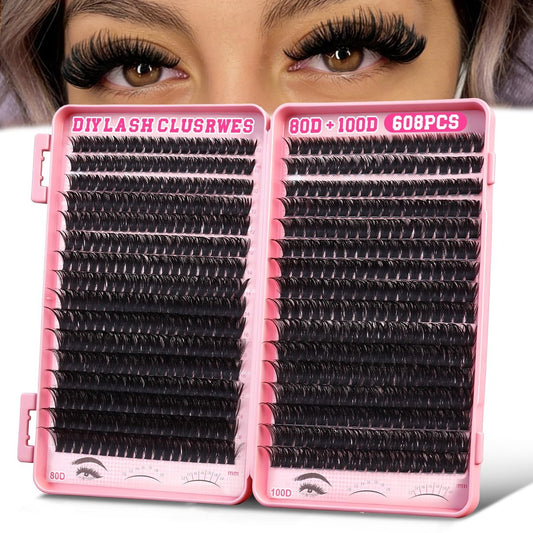 KINDSHINE Wimpern-Cluster-Set Wispy 608 Stk D Curl 80D & 100D, 12-20 mm Natürliche Einzelwimpern-Cluster, DIY Wimpernverlängerung für Anfänger (ohne Pinzette)