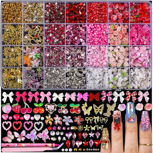 28er Nagelcharm-Set mit Strasssteinen, 3D Kawaii Schleifen, Kirschen, Blumen, Schmetterlingen. Rote, rosa, goldene Nagelsteine, Perlen & Metallnieten. DIY Maniküre-Kunstzubehör mit Wachsstift & Pinzette