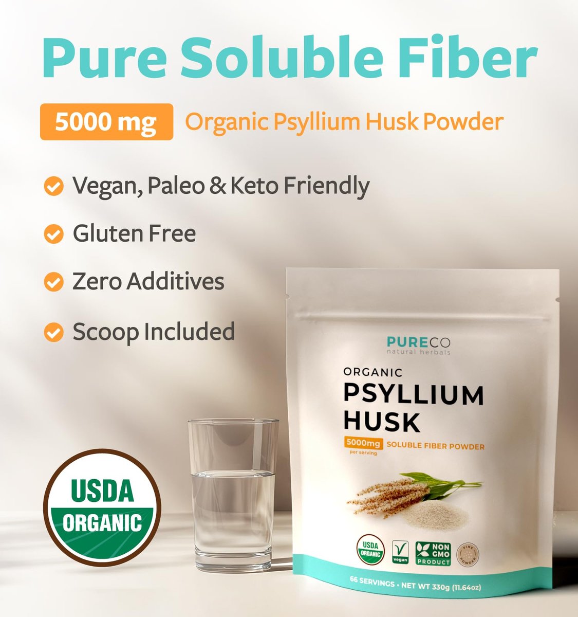 Bio Flohsamenschalenpulver Fein gemahlen – Ganzes Flohsamenschalen Bio-Faserpulver für Backen, Smoothies & mehr – Vegan, glutenfrei, ohne Gentechnik & ohne Füllstoffe (66 Portionen)