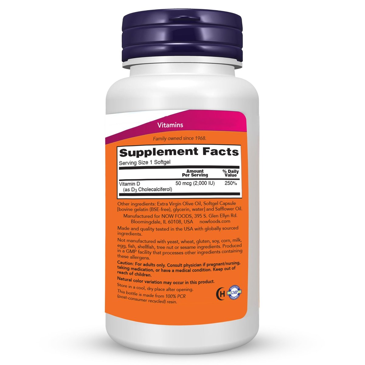 NOW Foods Vitamin D-3 2000 IE Hochdosiert – Strukturelle Unterstützung – 360 Weichkapseln