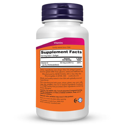 NOW Foods Vitamin D-3 2000 IE Hochdosiert – Strukturelle Unterstützung – 360 Weichkapseln