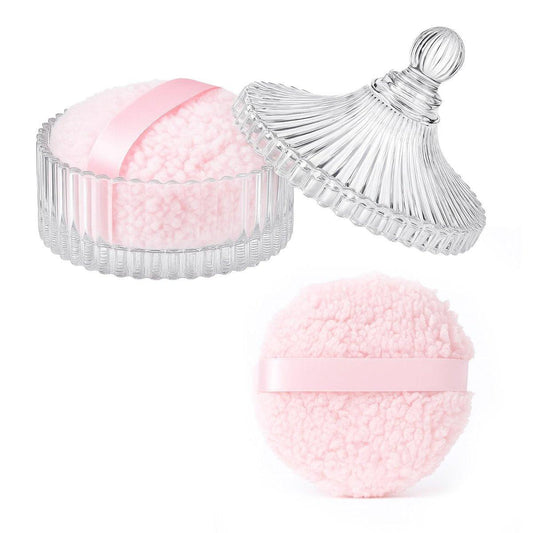 HXRYAGi 2er Set Extra Großer Körperpuder-Quaste und Behälter, 15 cm Glasgefäß mit rosa Puderquaste, Kristallglas-Aufbewahrungsglas mit weicher, waschbarer, wiederverwendbarer Puderquaste