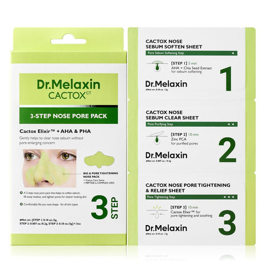 Dr.Melaxin CACTOX 3-STEP NOSE MASK PACK mit AHA & PHA – Porenverfeinerung, Talg-Minderung & Hautreparatur, 3-teiliges Nasenporen-Set
