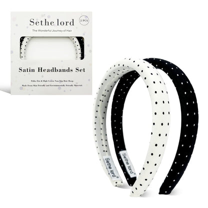 Sethe lord Satin-Stirnbänder für Frauen & Mädchen – 2er-Pack, Polka Dot, rutschfest, bequem & weich – ideale multifunktionale Haaraccessoires – Schwarz & Weiß
