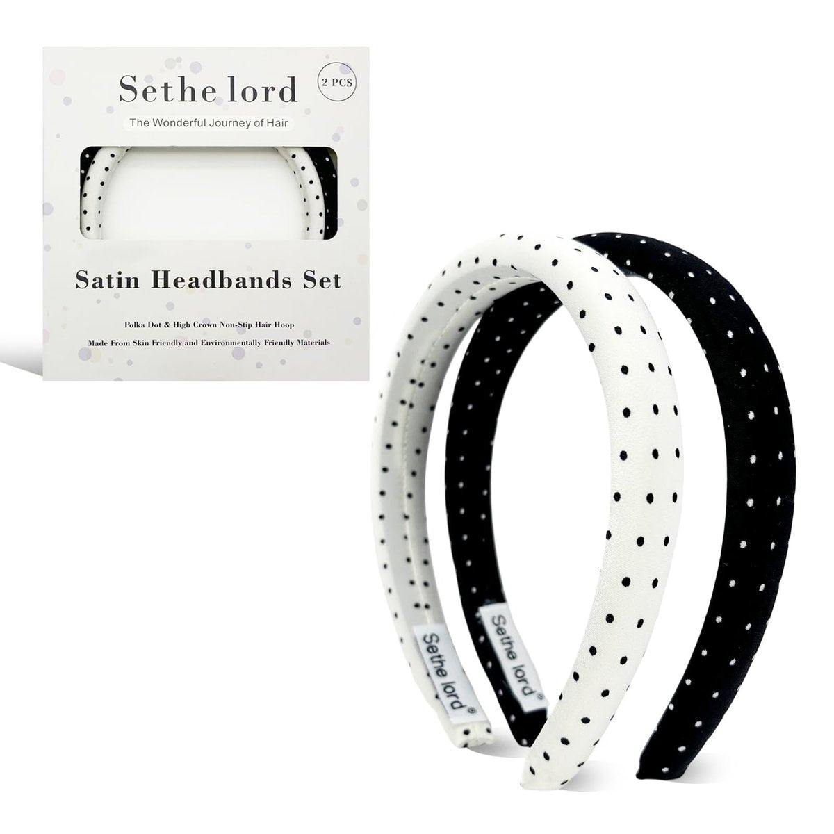 Sethe lord Satin-Stirnbänder für Frauen & Mädchen – 2er-Pack, Polka Dot, rutschfest, bequem & weich – ideale multifunktionale Haaraccessoires – Schwarz & Weiß