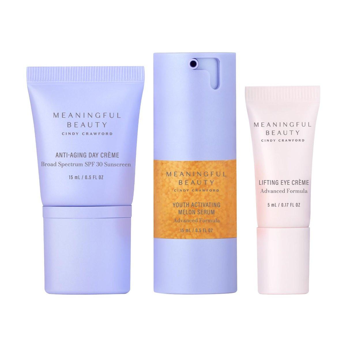 Meaningful Beauty Anti-Aging Hautpflege Trio Reisegröße 3-teiliges Starter-Set für Frauen mit Youth Activating Melonen-Serum, Tagescreme, Augencreme & Antioxidantien
