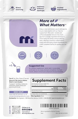 Micro Ingredients Glycin-Pulver, 500 g (1,1 Pfund), 1000 mg Glycin pro Portion, wasserlöslich