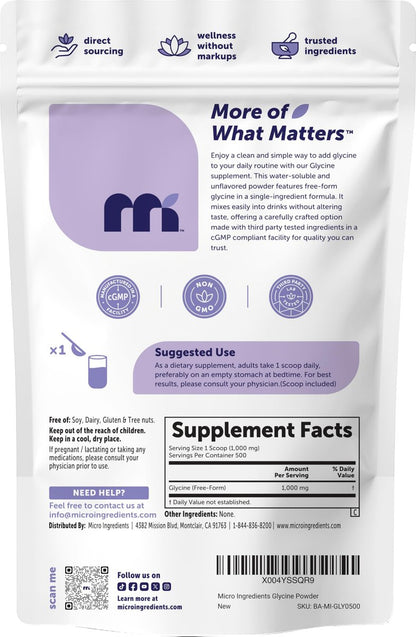 Micro Ingredients Glycin-Pulver, 500 g (1,1 Pfund), 1000 mg Glycin pro Portion, wasserlöslich