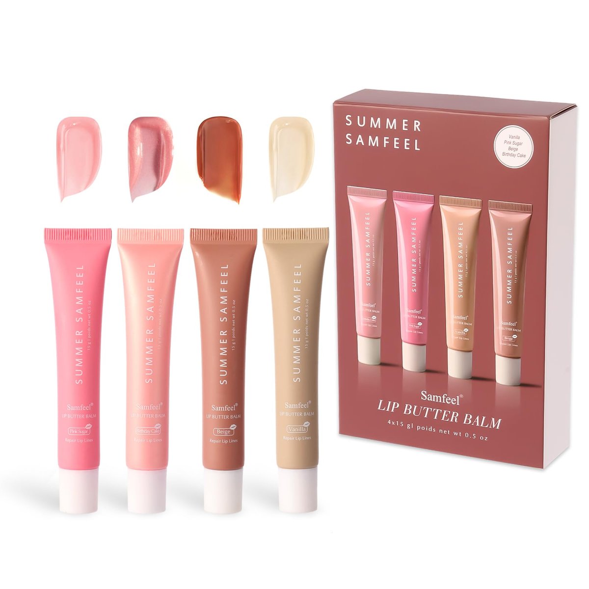 Samfeel 4er-Pack getönte Lippenbalsam-Set – Pink Sugar, Birthday Cake, Vanille, Beige (15g) – Feuchtigkeitsspendender, veganer Lippenpflegestift mit Glanz