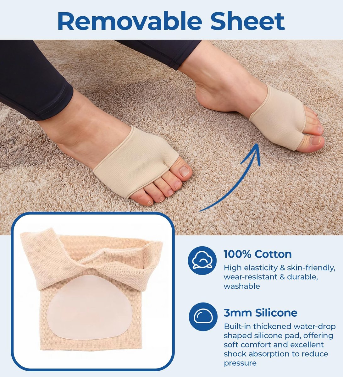 MasterMo Metatarsal-Pads für Männer und Frauen – Ballenpolster zur Schmerzlinderung bei Sesamoiditis, Metatarsalgie, Morton-Neurom – 2 Paar Stoffhüllen mit Gel-Einlagen (Schwarz, M)