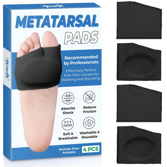 MasterMo Metatarsal-Pads für Männer und Frauen – Ballenpolster zur Schmerzlinderung bei Sesamoiditis, Metatarsalgie, Morton-Neurom – 2 Paar Stoffhüllen mit Gel-Einlagen (Schwarz, M)