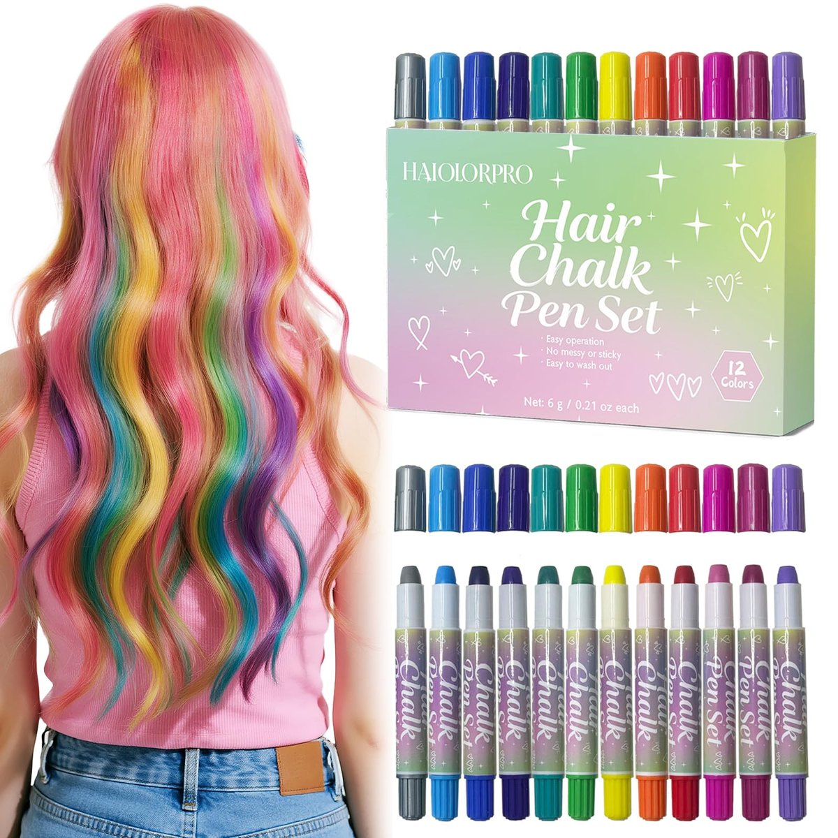 HAIOLORPRO Haarkreide 12 Farben, Temporäre Haarfarbe Auswaschbar, Temporäre Haarfarbe für Kinder Frauen Männer, Geburtstagsfeier Weihnachten Halloween Geschenke für Teenager Mädchen Jungen Kinder
