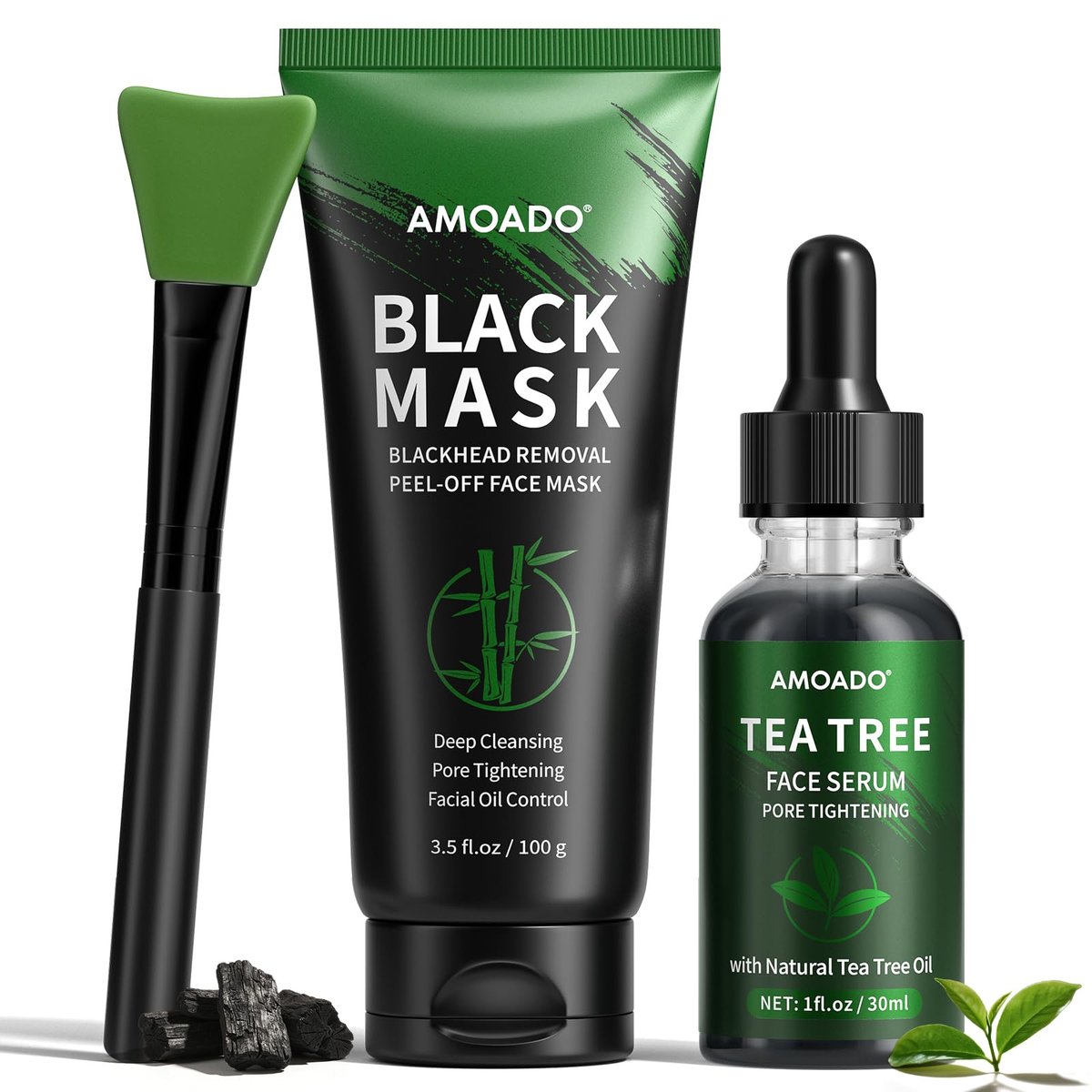 AMOADO Blackhead Remover Peel Off Face Mask & Tea Tree Oil Serum Duo Set – 2-in-1 Tiefenreinigung und Porenverfeinerung, Aktivkohle-Gesichtsmaske für schwarze Mitesser, 4,5 Fl Oz