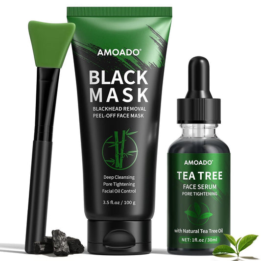 AMOADO Blackhead Remover Peel Off Face Mask & Tea Tree Oil Serum Duo Set – 2-in-1 Tiefenreinigung und Porenverfeinerung, Aktivkohle-Gesichtsmaske für schwarze Mitesser, 4,5 Fl Oz