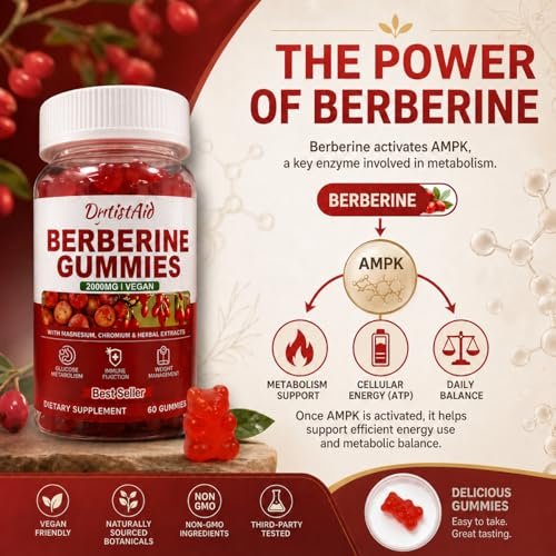 Berberine Gummies 2000 mg (Berberin HCl) mit Chrom 200 µg – Hochdosiertes Berberin HCl Präparat für Immununterstützung, ALA, Zimt & Kurkuma, Zuckerfrei, Vegan, Pfirsichgeschmack, 60 Stück