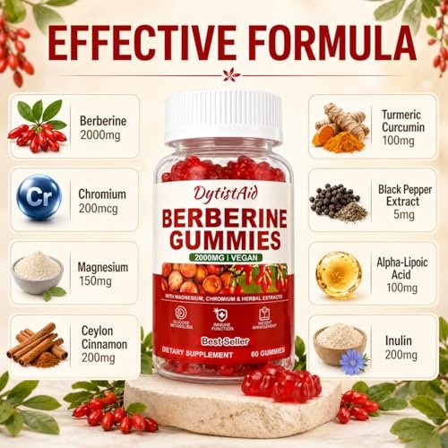 Berberine Gummies 2000 mg (Berberin HCl) mit Chrom 200 µg – Hochdosiertes Berberin HCl Präparat für Immununterstützung, ALA, Zimt & Kurkuma, Zuckerfrei, Vegan, Pfirsichgeschmack, 60 Stück