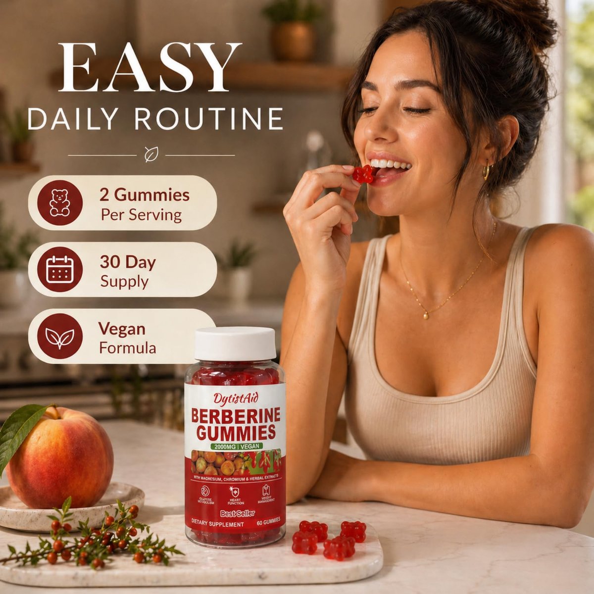 Berberine Gummies 2000 mg (Berberin HCl) mit Chrom 200 µg – Hochdosiertes Berberin HCl Präparat für Immununterstützung, ALA, Zimt & Kurkuma, Zuckerfrei, Vegan, Pfirsichgeschmack, 60 Stück