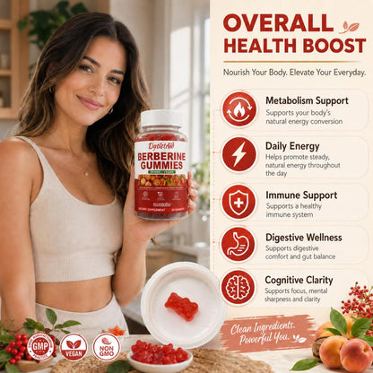 Berberine Gummies 2000 mg (Berberin HCl) mit Chrom 200 µg – Hochdosiertes Berberin HCl Präparat für Immununterstützung, ALA, Zimt & Kurkuma, Zuckerfrei, Vegan, Pfirsichgeschmack, 60 Stück
