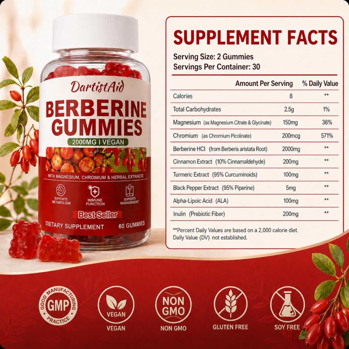 Berberine Gummies 2000 mg (Berberin HCl) mit Chrom 200 µg – Hochdosiertes Berberin HCl Präparat für Immununterstützung, ALA, Zimt & Kurkuma, Zuckerfrei, Vegan, Pfirsichgeschmack, 60 Stück