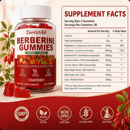Berberine Gummies 2000 mg (Berberin HCl) mit Chrom 200 µg – Hochdosiertes Berberin HCl Präparat für Immununterstützung, ALA, Zimt & Kurkuma, Zuckerfrei, Vegan, Pfirsichgeschmack, 60 Stück
