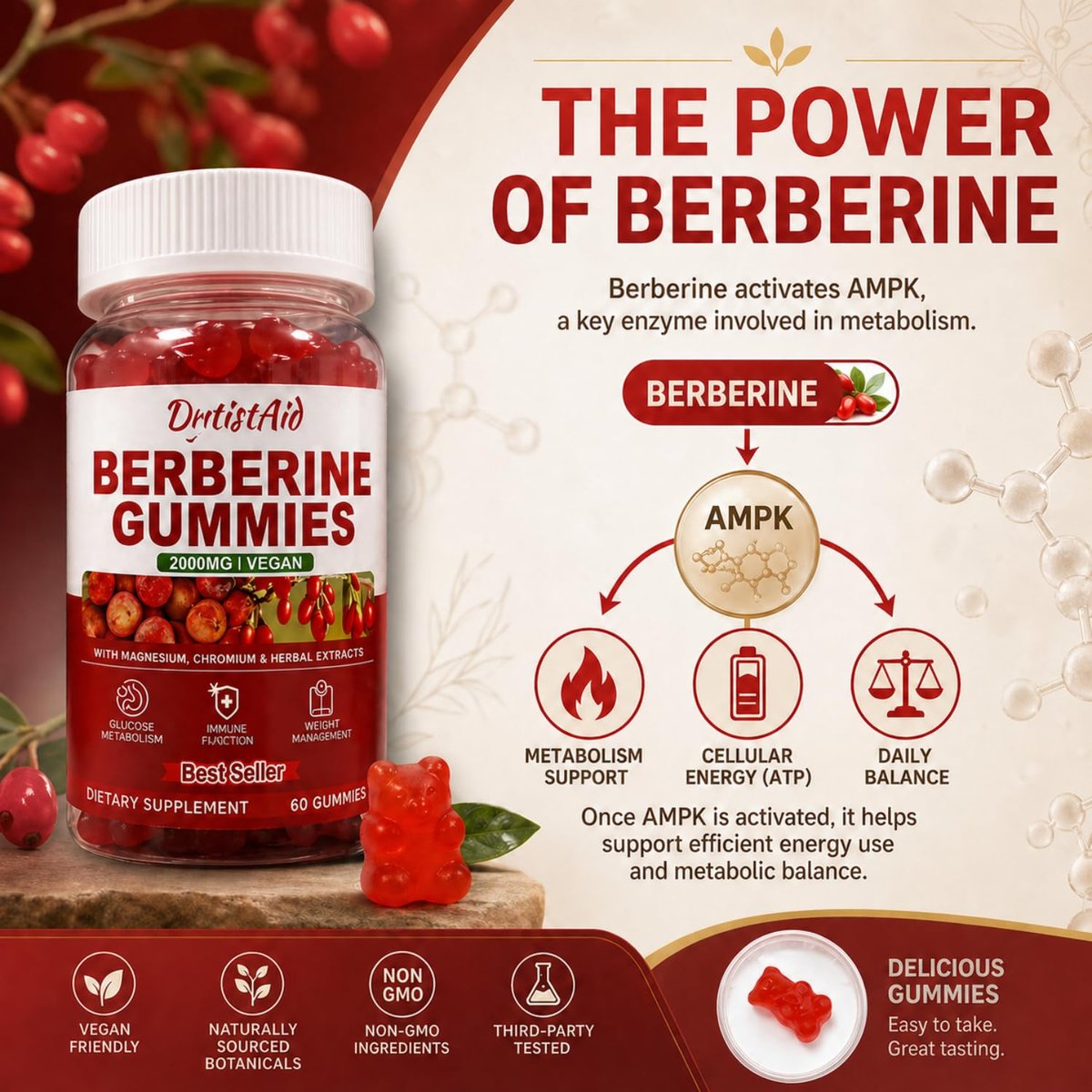 Berberine Gummies 2000 mg (Berberin HCl) mit Chrom 200 µg – Hochdosiertes Berberin HCl Präparat für Immununterstützung, ALA, Zimt & Kurkuma, Zuckerfrei, Vegan, Pfirsichgeschmack, 60 Stück