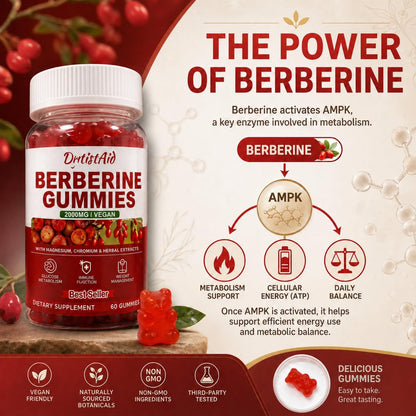 Berberine Gummies 2000 mg (Berberin HCl) mit Chrom 200 µg – Hochdosiertes Berberin HCl Präparat für Immununterstützung, ALA, Zimt & Kurkuma, Zuckerfrei, Vegan, Pfirsichgeschmack, 60 Stück
