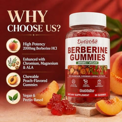 Berberine Gummies 2000 mg (Berberin HCl) mit Chrom 200 µg – Hochdosiertes Berberin HCl Präparat für Immununterstützung, ALA, Zimt & Kurkuma, Zuckerfrei, Vegan, Pfirsichgeschmack, 60 Stück