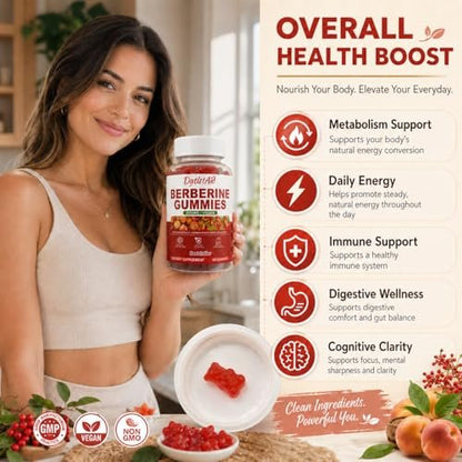 Berberine Gummies 2000 mg (Berberin HCl) mit Chrom 200 µg – Hochdosiertes Berberin HCl Präparat für Immununterstützung, ALA, Zimt & Kurkuma, Zuckerfrei, Vegan, Pfirsichgeschmack, 60 Stück