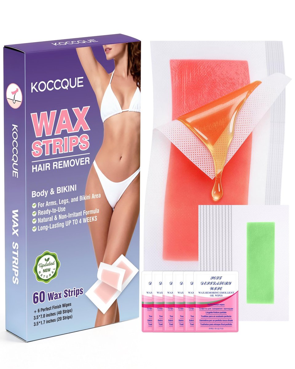 KOCCQUE Wachsstreifen Enthaarungsset für Frauen: Beine, Arme, Gesicht, Achseln, Bikini & Haarentfernung im Gesicht | 60 Streifen + 6 Tücher | Dermatologisch getestet | 8 Wochen glatt | Hypoallergen für alle Hauttypen